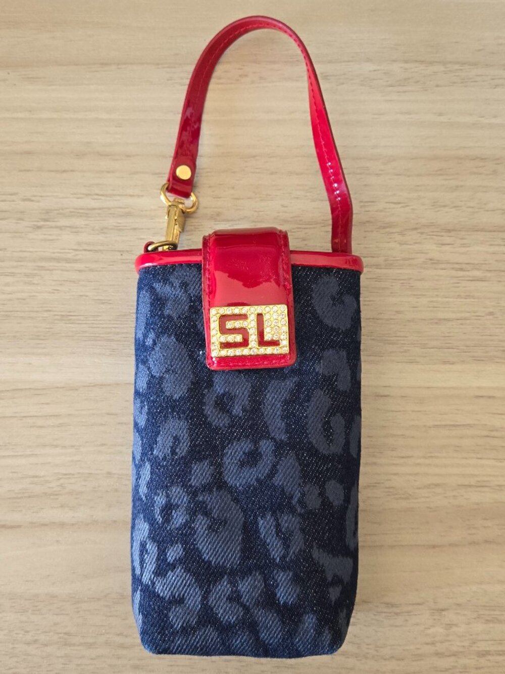 Susan Lucci Denim Ocelot Print Cell Phone Holder Wristlet Red Patent & Rhineston